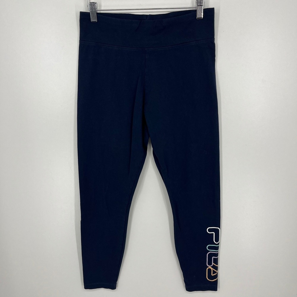 Fila Womens Navy Blue Ombre Logo High Rise Cotton Blend Leggings Size Large